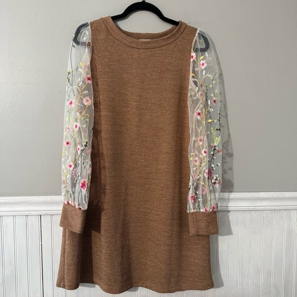 Renee C. Dresses & Skirts - Renee C. Brown Metallic Dress with Sheer Mesh Embroidered Long Sleeves Size M